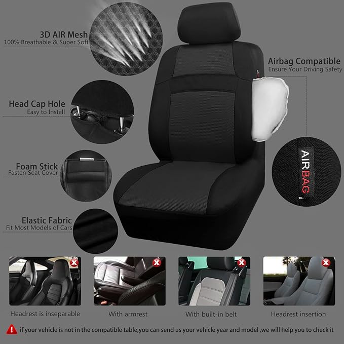 CAR PASS 3D Air Mesh Car Seat Covers Full Sets w/5mm Sponge, Steering Wheel - Image 2