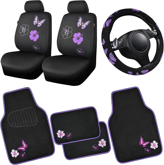 CAR PASS Universal Butterfly Car Seat Covers Front Set, Embroidered Flower by CARPASS