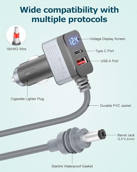 3 in 1 Starlink Mini Cable 12V Adapter 10FT Car Charger - Image 4