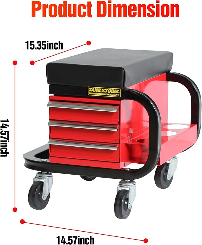 Tool Box Built-in Creeper Seat, Garage Shop Roller Seat, 3 Drawers Heavy Duty - Image 3