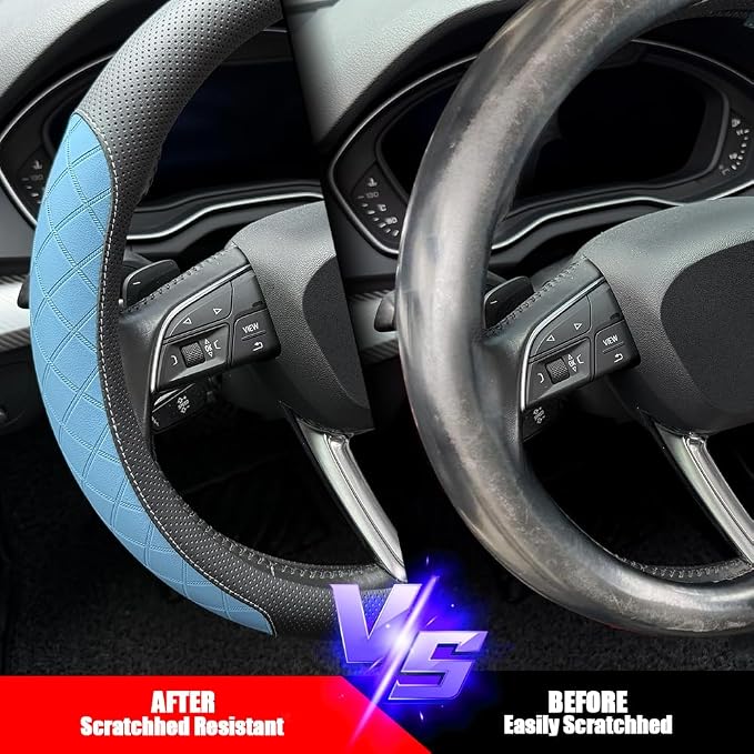 LKWLIKEI Nappa Leather Steering Wheel Cover, Elegant Diamond Checkered Design - Image 5
