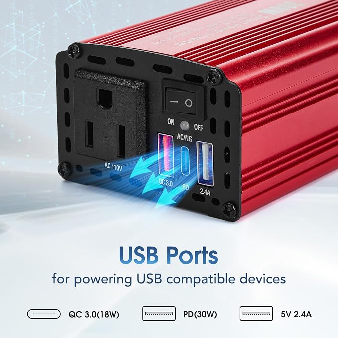 300W Car Power Inverter, 12V DC to 110V AC Inverter Converter - Image 2