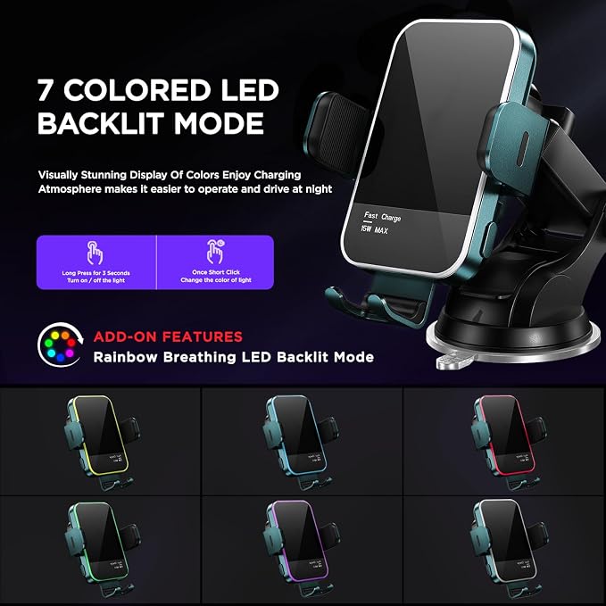 Wireless Car Charger, 【7 Colored LED Backlit】 15W Auto Clamping Phone Mount - Image 2