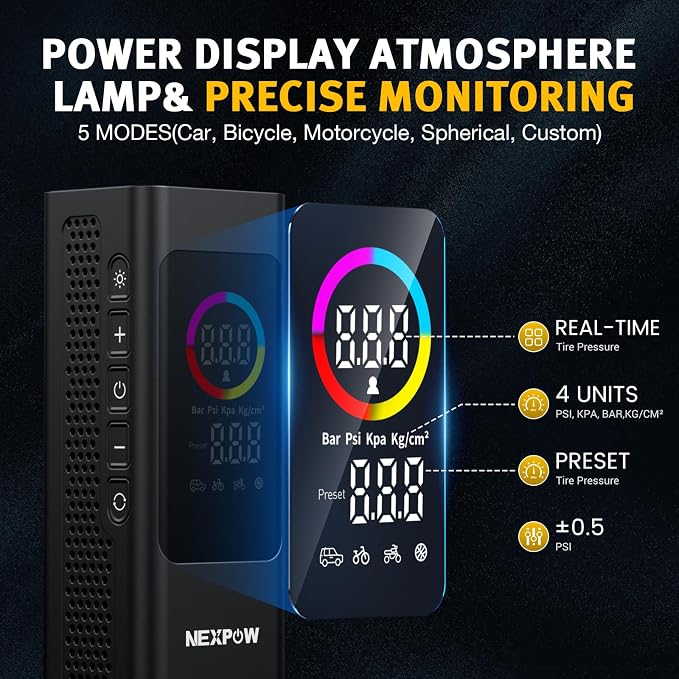 NEXPOW 150 PSI Tire Inflator Portable Air Compressor, 12000mAh Battery Auto - Image 3