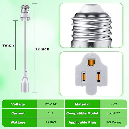 Feekoon 2 Pack 3 Outlet Light Socket Adapter, Convert E26/E27 Bulb Socket to 3 - Image 2