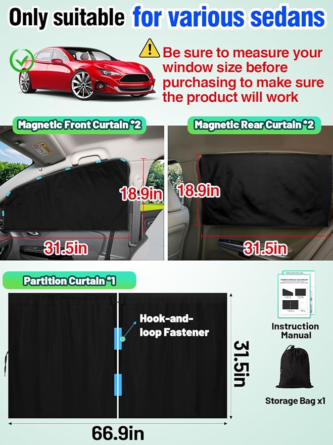 Set of 5 Car Privacy Curtains for Sedan- 4 Magnetic 31.5*18.9in Side Car Window - Image 5
