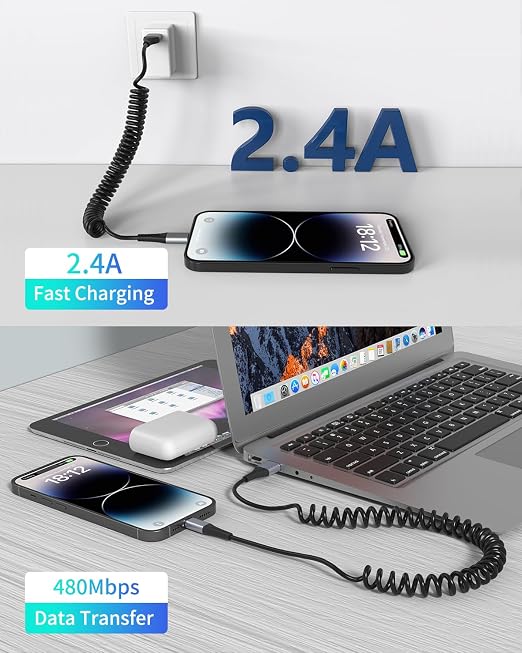 Coiled Lightning Cable, 2 Pack Retractable iPhone Charger Cord - Image 2