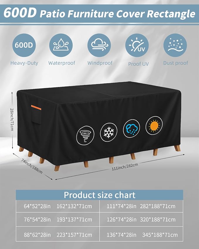 Outdoor Waterproof Furniture Cover, 111W x 74L x 28H inches Heavy Duty 600D - Image 3