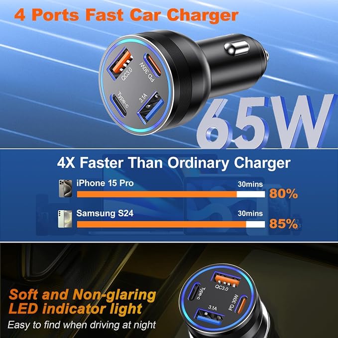 65W USB C Car Charger, 5 Pack 4-Port PD Super Fast Charging Type C Car Charger - Image 5