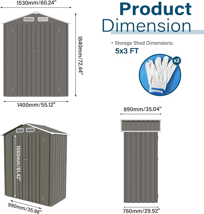 ARMSET 5x3 FT Metal Outdoor Storage Shed - Image 2