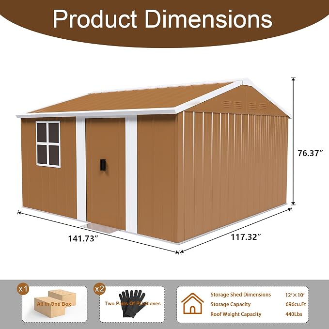 12 x 10 FT Outdoor Storage Shed, Metal Garden Tool Shed - Image 8