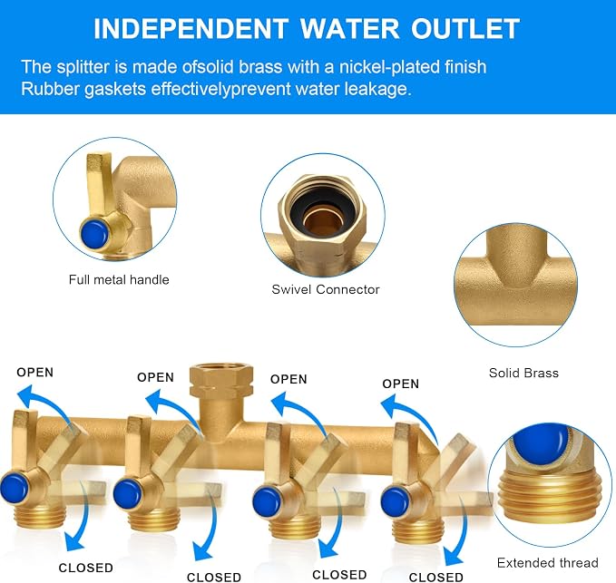 Brass Garden Hose Splitter, 4 Way Hose Splitter, Outdoor Hose Splitter - Image 3