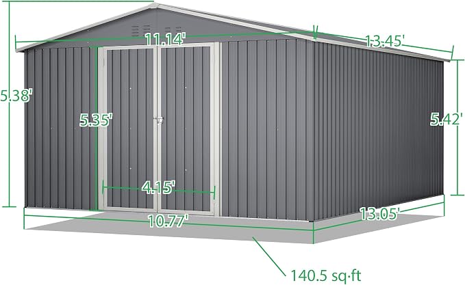 11x13ft Outdoor Metal Storage Shed, Steel Utility Tool Shed Storage House - Image 2