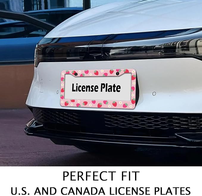 Cute Strawberry Printed License Plate Frame, Strawberry and Flowers Frames - Image 3