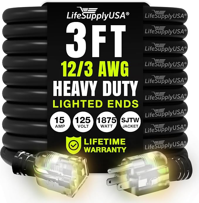 3ft Outdoor/Indoor Extension Cord 12/3 Gauge Extra Heavy Duty 3 Prong SJTW by LifeSupplyUSA