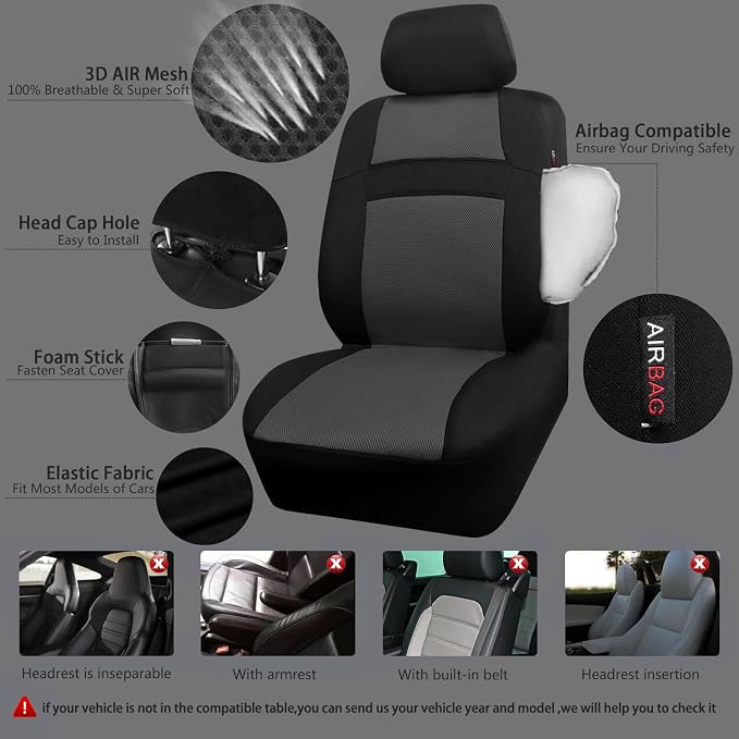 CAR PASS 3D Air Mesh Car Seat Covers Full Sets w/5mm Sponge, Steering Wheel - Image 2