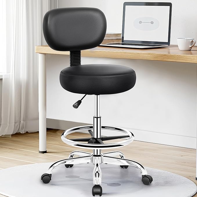 Drafting Chair with Backrest – Adjustable Foot Rest Rolling Stool with Wheels - Image 2