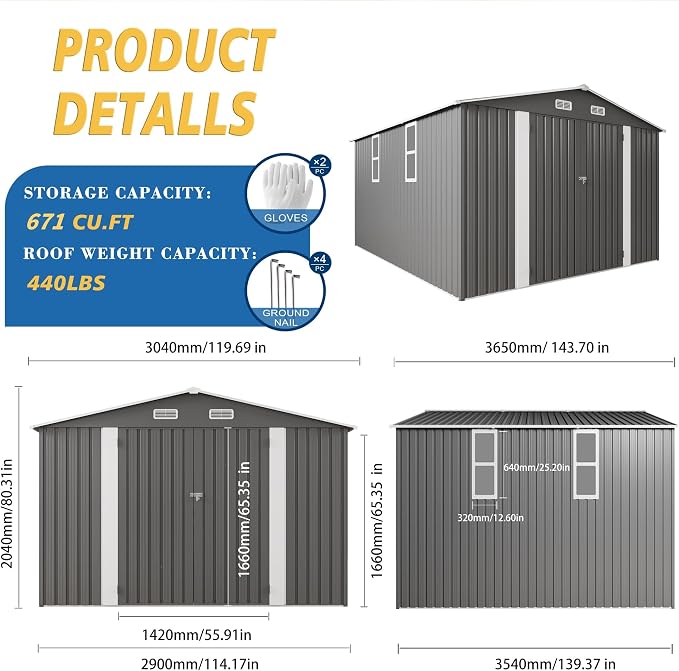 10x12x6.7FT Outdoor Storage Shed, Galvanized Steel Garden Shed - Image 7