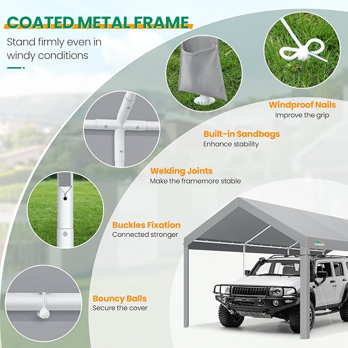 COBIZI Carport Canopy 12x20 Heavy Duty Car Tent Garage, Galvanized Frame Car - Image 4