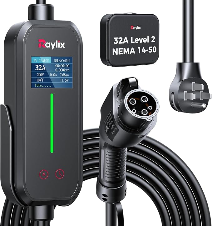 Raylix 32A Level 2 EV Charger, 240V 7.68kW Mobile Electric Car Charger by RaylixUSDirect