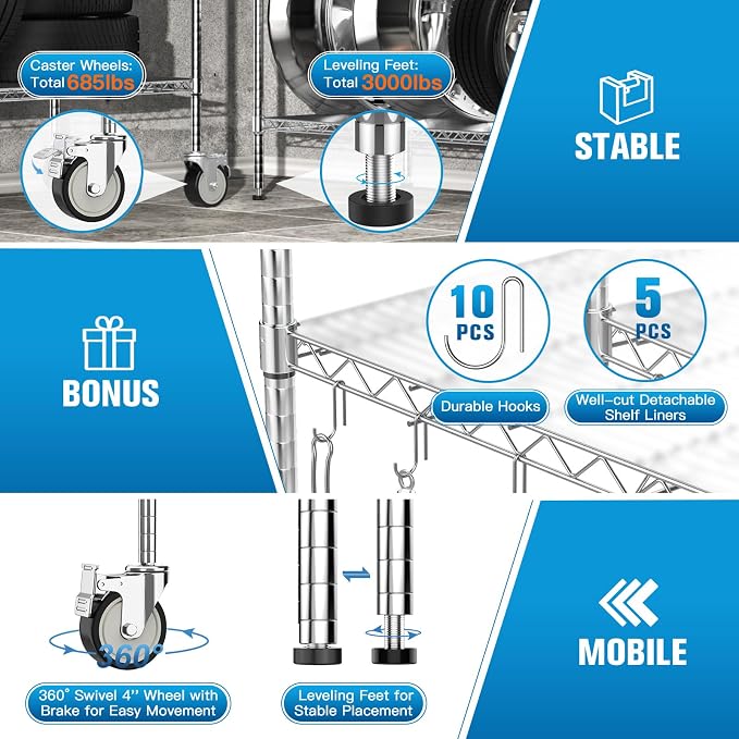 Wire Shelving with Wheels, 3000 Lbs Storage Shelves Heavy Duty, - Image 5