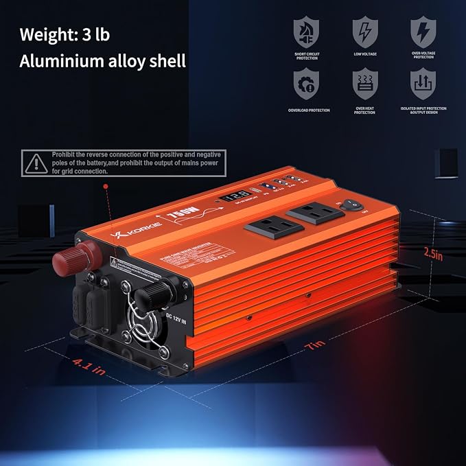 750W Pure Sine Wave Inverter, Car Power Inverter, 12V DC to 110V AC Power - Image 7