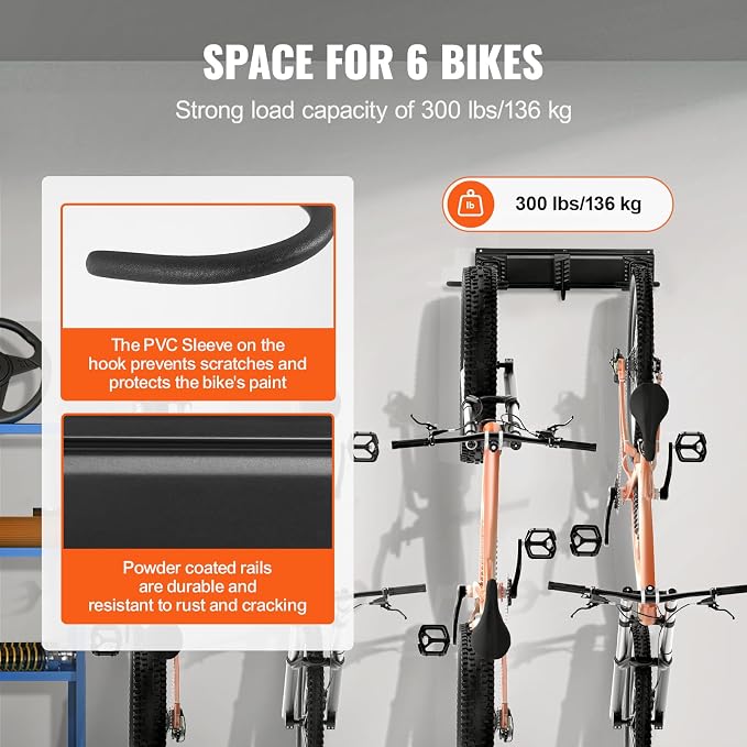 VEVOR Bike Storage Rack, 6 Bike Racks and 3 Helmets Hooks, Wall Mount Bike - Image 3