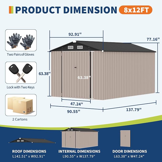 8x12 FT Metal Storage Sheds Outdoor, Metal Yard Sheds Garden Shed Kit, Metals - Image 2