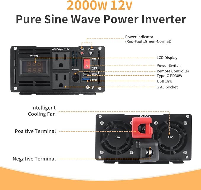 2000 Watt Pure Sine Wave Power Inverter DC 12V to 110V/120V AC Converter - Image 3