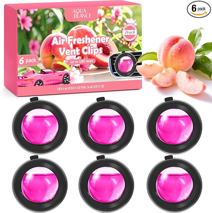 Car Air Freshener Vent Clips, Peach Scent, 6 Pack, Long Lasting Scent Up to 180 by AQUABLANCE