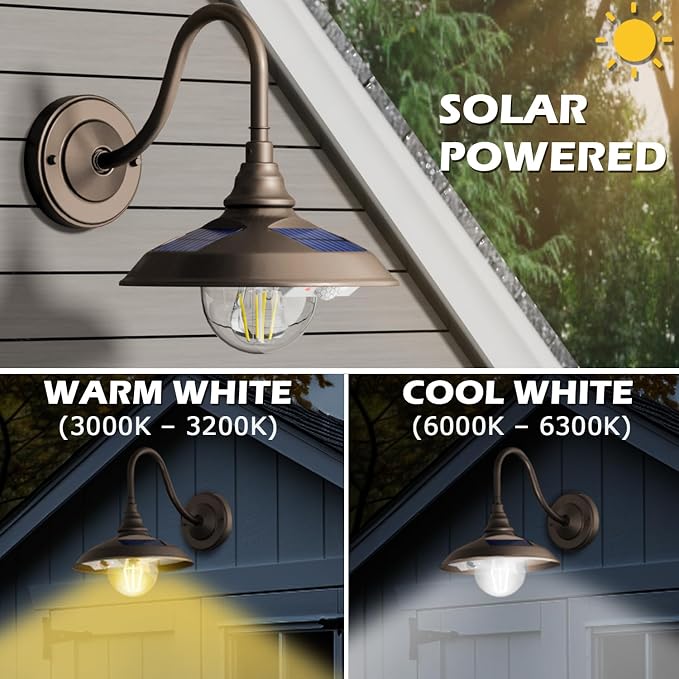 SIEDiNLAR Solar Barn Light Outdoor 3 Modes 2 Lighting, Aluminum Gooseneck Wall - Image 2