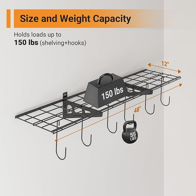 1x4 ft Garage Shelving with 6 Bike Hooks, Pantry Storage, 150 lbs Total Load - Image 2
