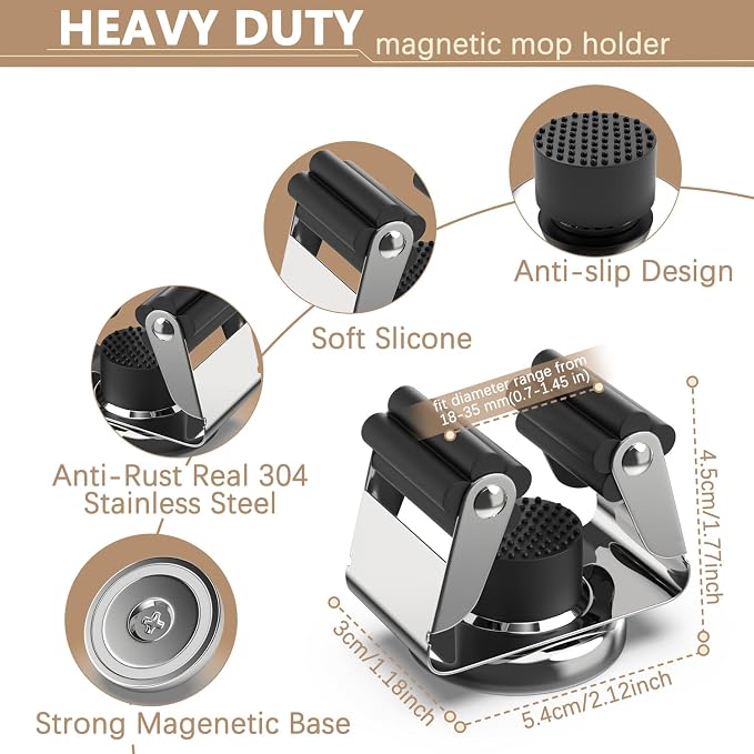 3-H Magnetic Broom Holder with Strong Magnetic Hook 4 Pack, Broom Holder Wall - Image 2