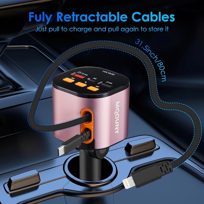 Retractable Car Charger, 5 in 1 Fast Car Phone Charger 90W, Handsfree Call - Image 6