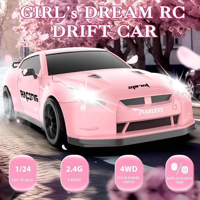 RC Drift Car, 1/24 Pink Remote Control Car - Image 2