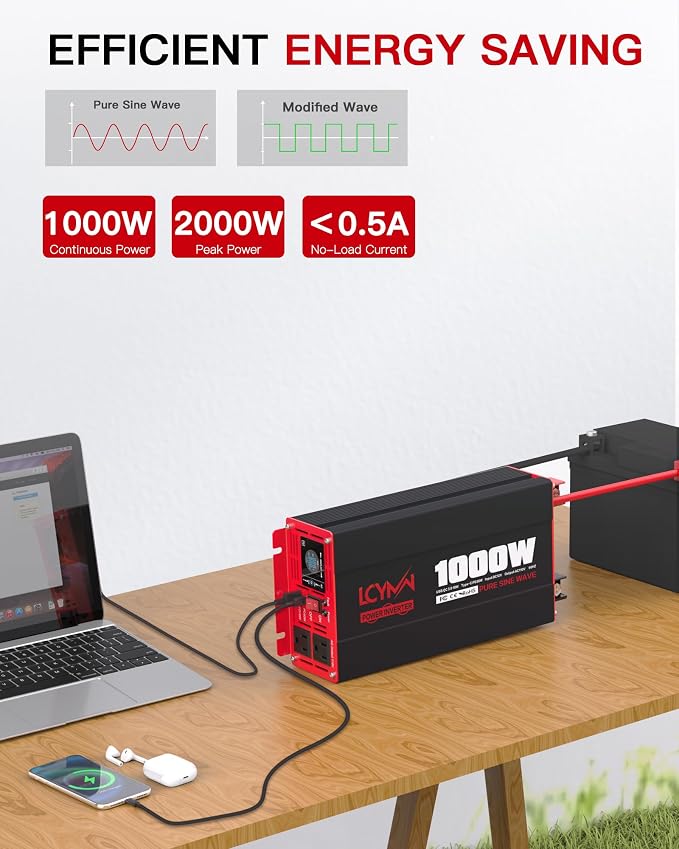 1000 Watts Pure Sine Wave Power Inverter 12V DC to 110V 120V AC Converter - Image 3