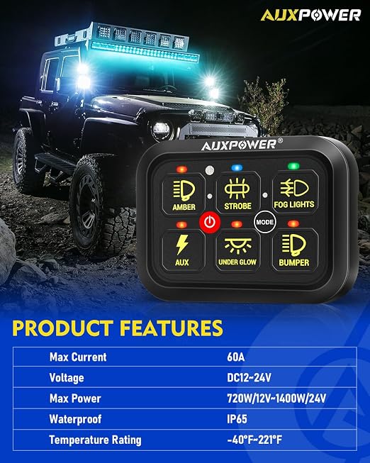Auxpower 6 Gang Switch Panel Toggle Momentary Pulsed Led Switch Panel RGB - Image 2