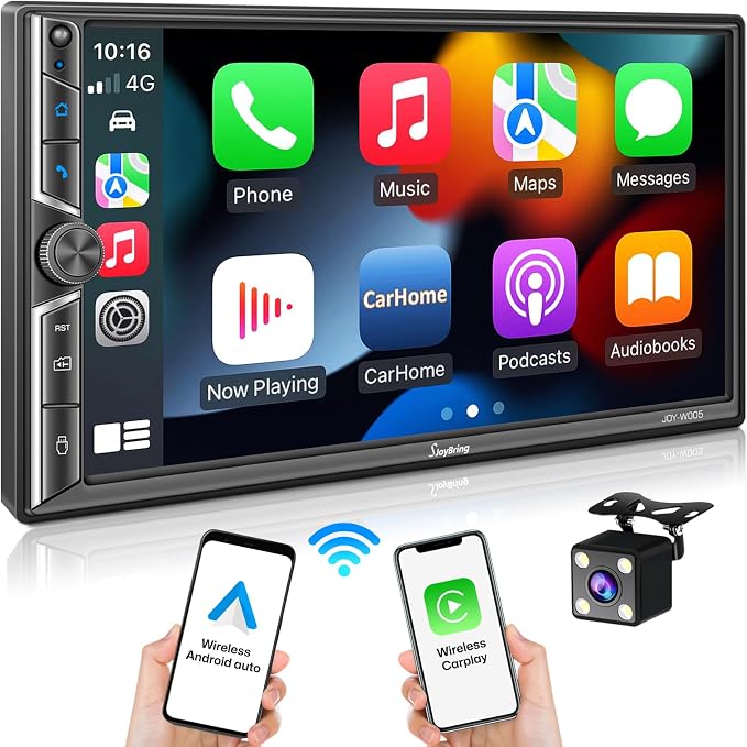 7" Double Din Car Radio with Wireless Apple CarPlay and Android Auto, 240W by SjoyBring