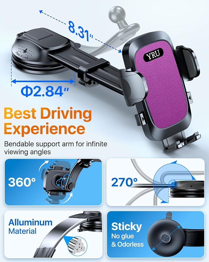 YRU Cell Phone Holder for Car Dashboard Windshield Phone Stand for iPhone 16 15 - Image 7