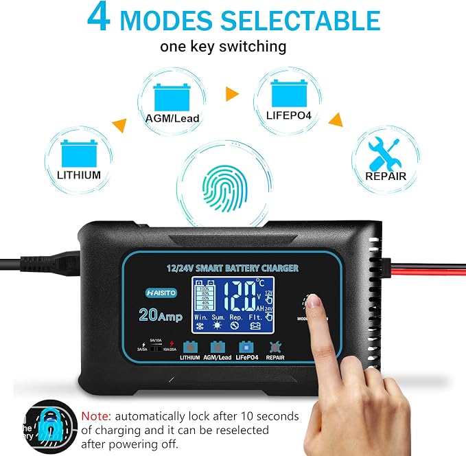 Haisito: 20A 12V/24V Smart Battery Charger –Automatic Maintainer, Trickle - Image 2