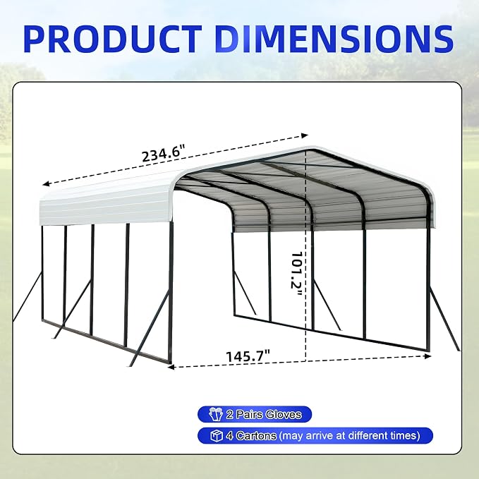 12x20 Metal Carport with Base Fixings Heavy Duty Garage Outdoor Chrome Plated - Image 2