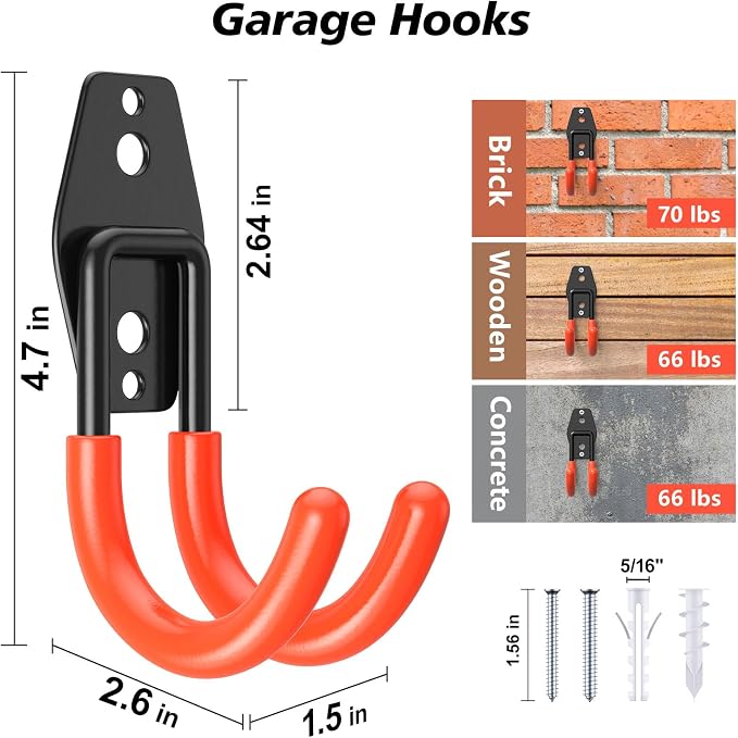 4 Pack 4.7x2.6 inch J Heavy Duty Garage Hooks, Solid Steel Wall Mount Hangers - Image 2