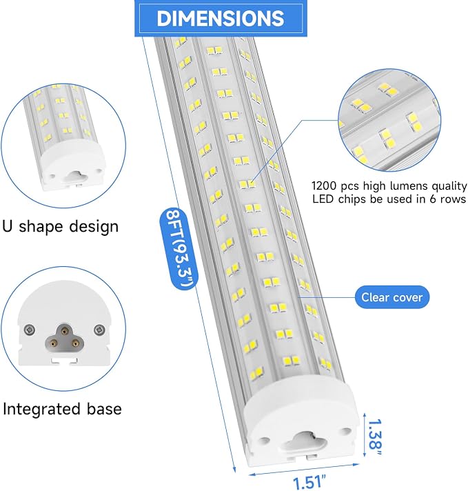 8FT U Shape 125W Integrated Tube Bright LED Light, 6500K Clear White, 20000LM - Image 4