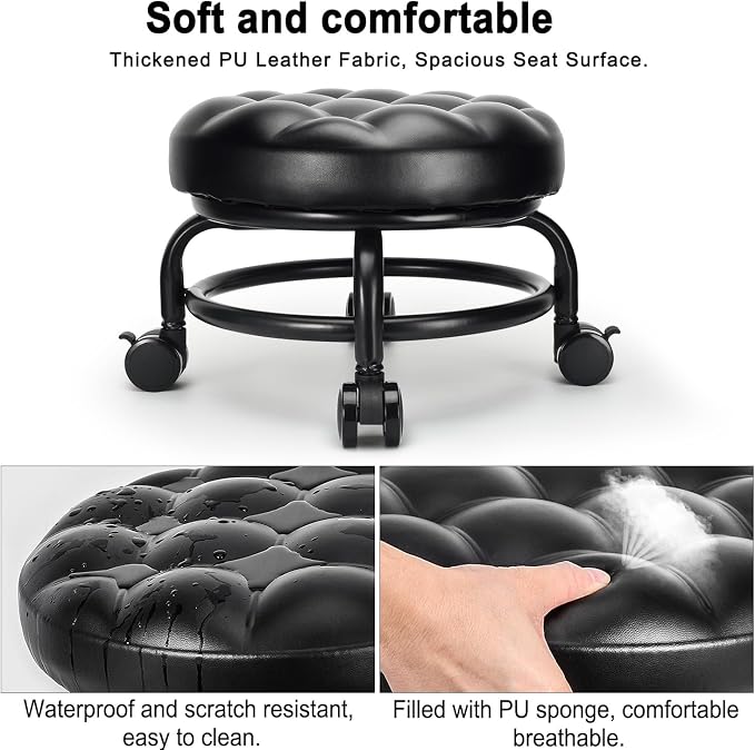 Low Height Rolling Stool Roller Stool PU Leather Comfortable Seat 360°Swivel - Image 3