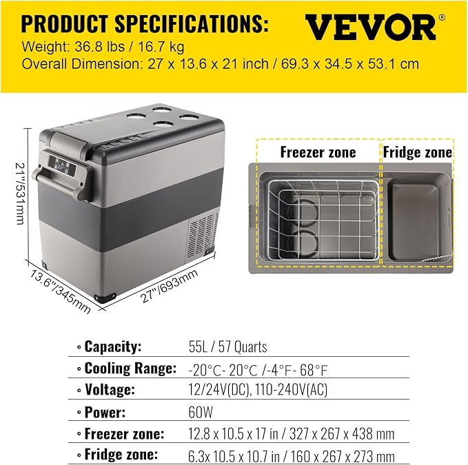 VEVOR CF55 12 Volt 58 Qt Refrigerator, Dual Zone Portable Compressor 12/24V DC - Image 7