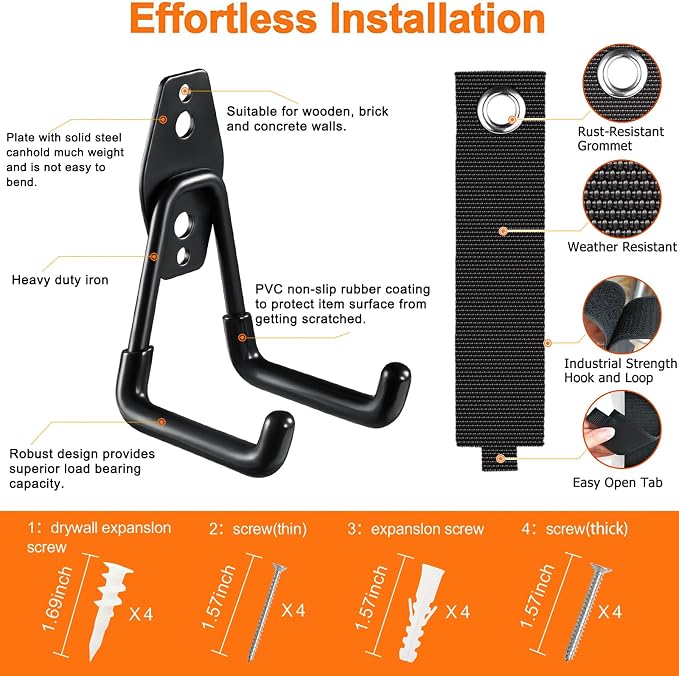 Heavy Duty Garage Hooks 4 Pack, 7.7 inch U Shaped Long Hanger, - Image 3