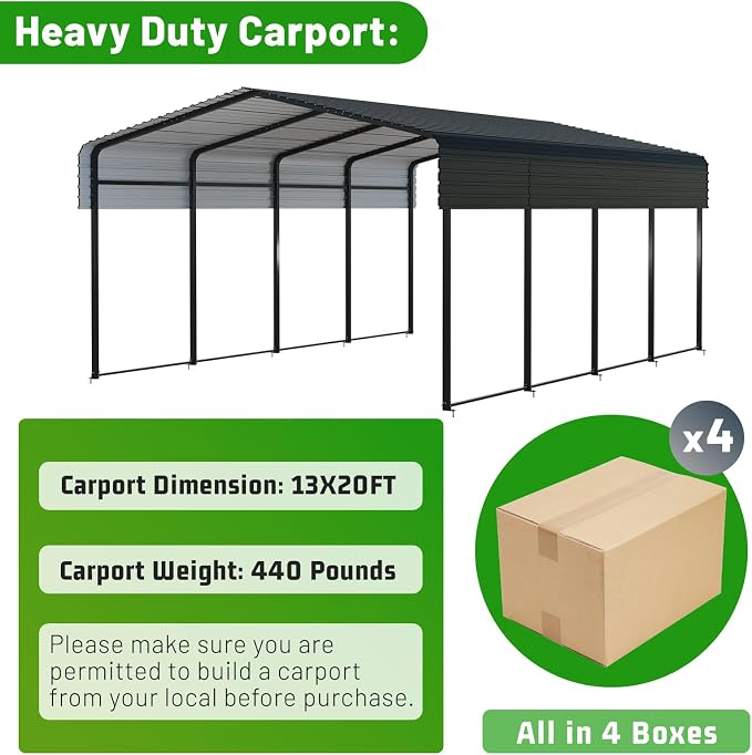 13 x 20 FT Metal Carport with Heavy Duty Galvanized Steel Roof & Durable Frame - Image 7