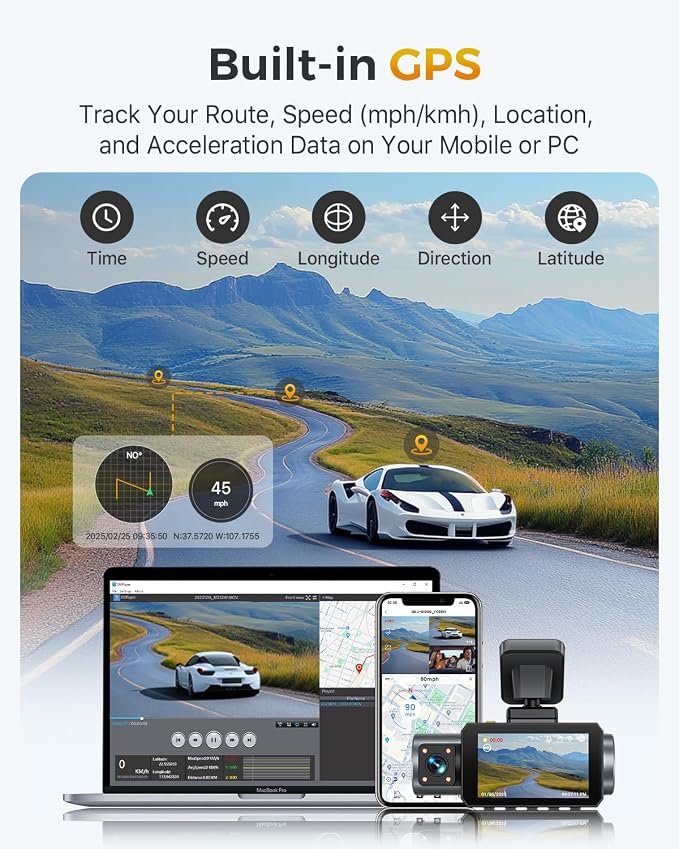 GKU 4K 3 Channel Dash Cam, 5.8GHz WiFi Built-in GPS, 4K+1080P+1080P Dash Cam - Image 6
