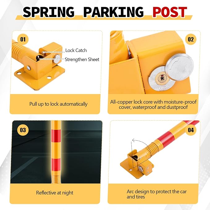 Zonon 2 Pcs Spring Parking Post Folding Heavy Metal Parking Barrier Lock - Image 3