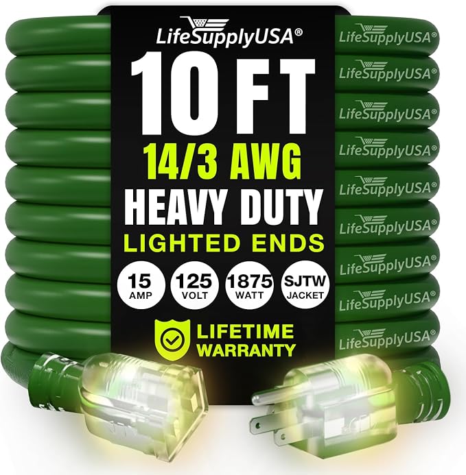 10ft Outdoor/Indoor Extension Cord 14/3 Gauge Heavy Duty 3 Prong SJTW, by LifeSupplyUSA